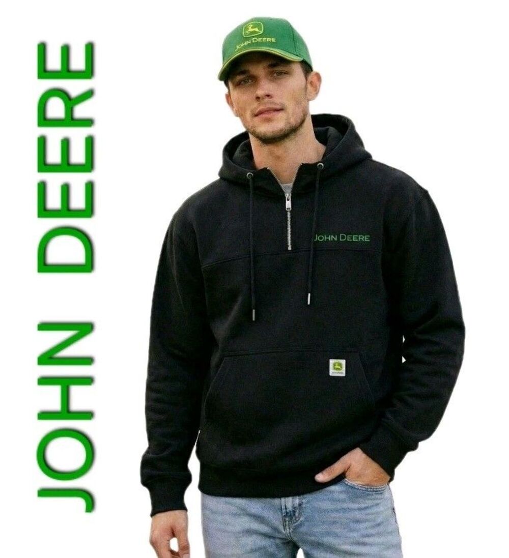 John Deere Men's S Quarter Zip Hoodie Cotton Rich Heavyweight Embroidered Black
